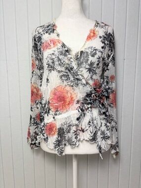 Cache Vintage V-neck Y2K Sheer floral White Romantic Wrap Blouse long sleeves S